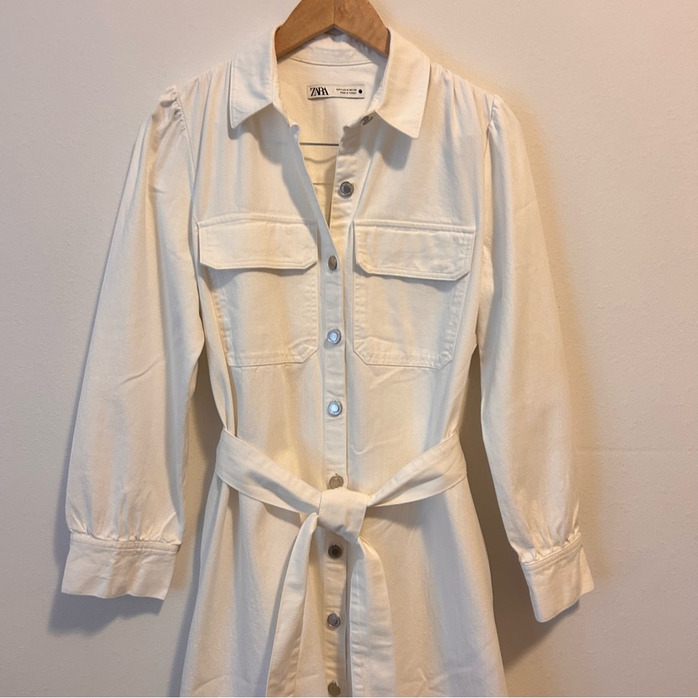 ZARA M Women’s Cotton Linen Blend Elegant Cream Button-Down Denim Belted Dress - Picture 3 of 12